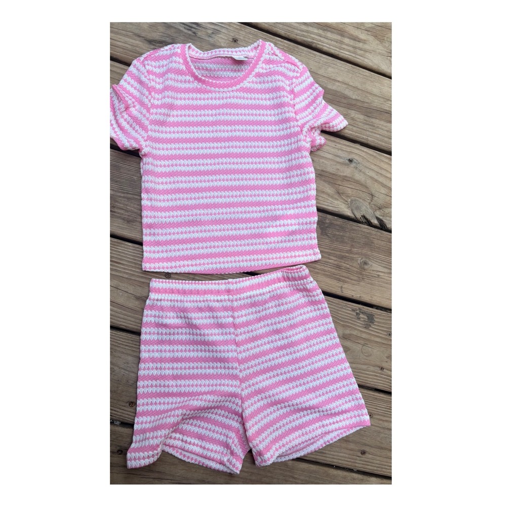 Girls Pink White Striped Knit 2 Piece Set Short Sleeve Top and Shorts Size 10Y